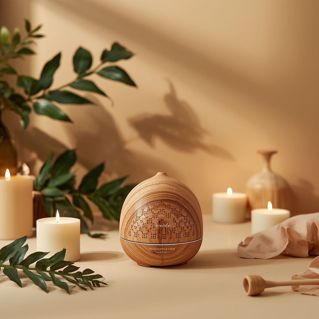 Softly lit aroma candles styled on a tray in a calm living room