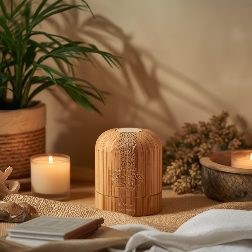 Styled flatlay of aroma candles, fabrics and natural elements as a scent mood board